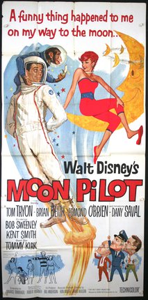 a movie poster with a man in a space suit and a woman in a red dress