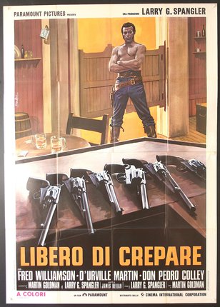 a poster of a man standing in front of guns