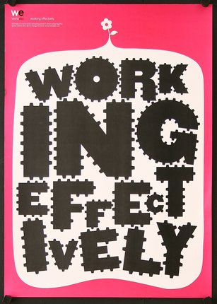 a poster with black letters and a pink background
