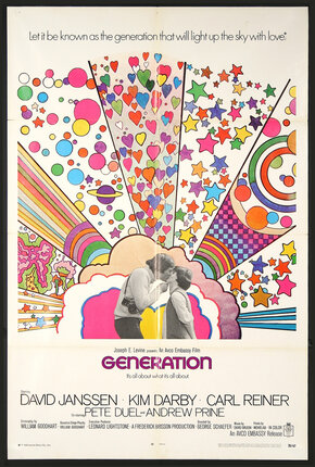 Movie poster with a man and woman kissing under many psychedelic colorful shapes