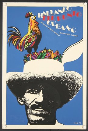 a poster of a man with a rooster on top of a hat