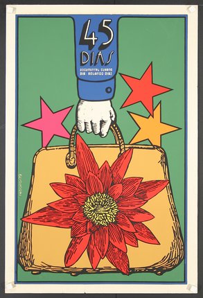 a poster with a hand holding a bag and a flower