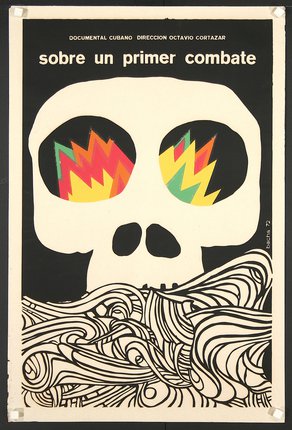 a poster with a skull and waves