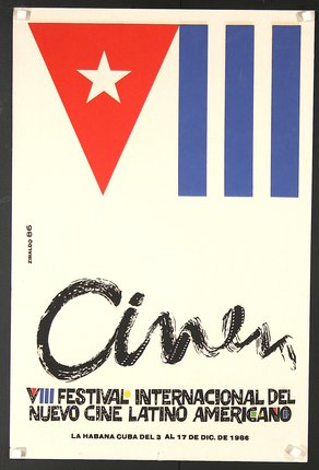 a poster with a red triangle and blue stripes