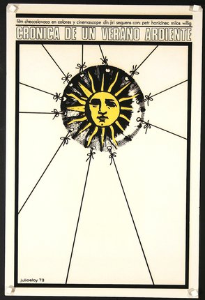 a black and yellow sun with strings