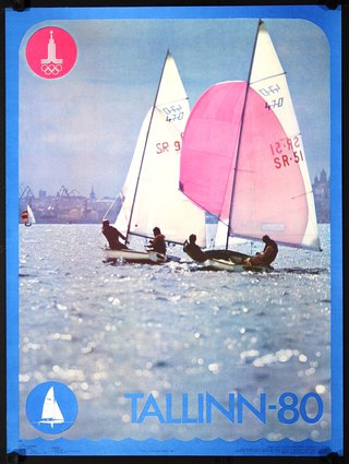 a poster of a group of people sailing on water