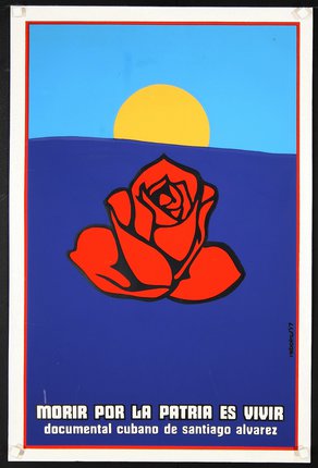 a red rose on a blue background with a yellow sun