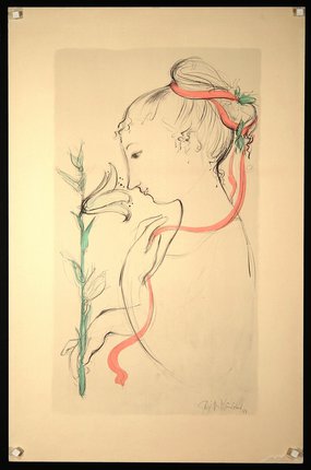 a drawing of a woman holding a flower