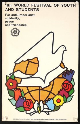 a poster with a dove and flowers