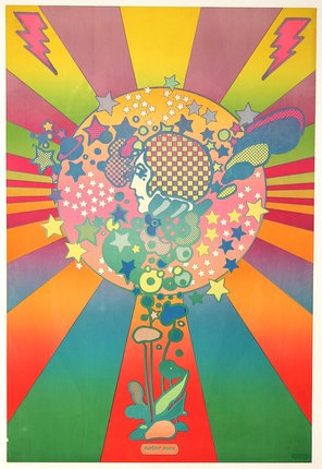 a colorful poster with a woman in the center