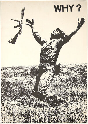 anti-war poster with a soldier being shot with his arms up and a rifle flying out of his hand
