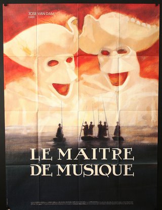 a poster with a couple of white masks