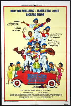 a movie poster of a group of people standing on top of a red car