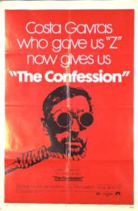 a red poster with a man wearing glasses