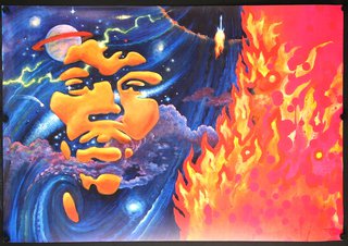 a painting of a man's face and fire