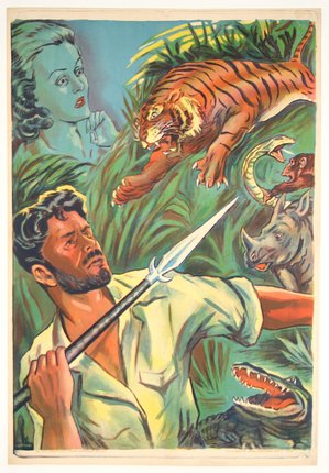 a man holding a sword and a tiger attacking a woman