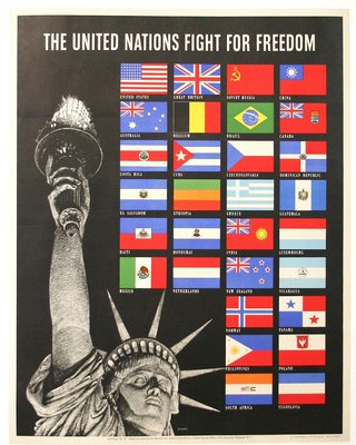 a poster with a statue and many flags