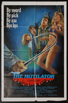 a movie poster with a man holding a hook and scared teenagers hanging on a wall