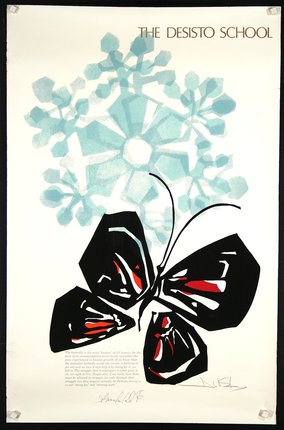 a black and red butterfly with blue snowflakes