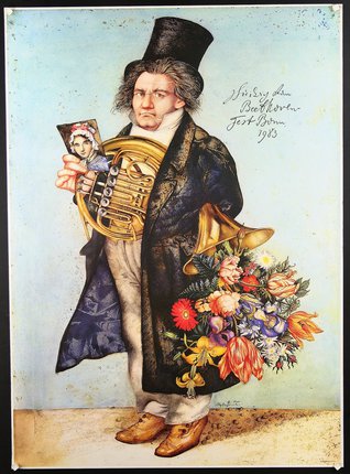 a painting of a man holding a horn and a bouquet of flowers