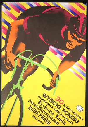 a poster of a man riding a bicycle