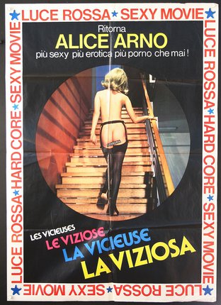 a poster of a woman walking up stairs