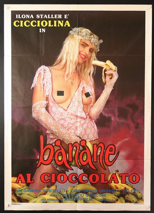 a poster of a woman holding a banana