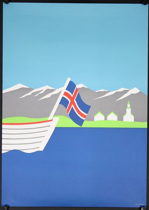 a poster of a boat with a flag