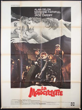 a movie poster of a man and woman on a motorcycle