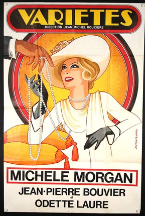 a poster of a woman holding a necklace