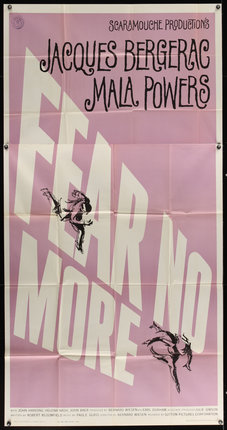 a pink and white poster with a black and white image