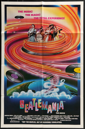 movie poster with a rock band playing in a tornado of neon noodles spun from the earth below with vinyl discs flying in various directions