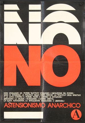 a poster with red and white letters