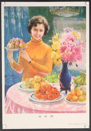 a woman holding a plate of fruit