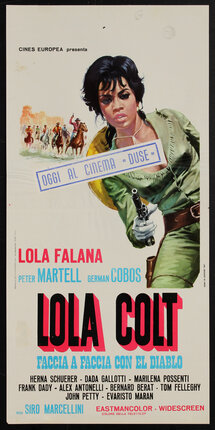 a movie poster with a woman holding a gun and a posse of horse riders in the distance