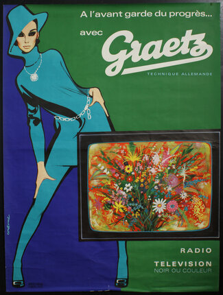 a poster of a woman with a television showing a flower bouquet