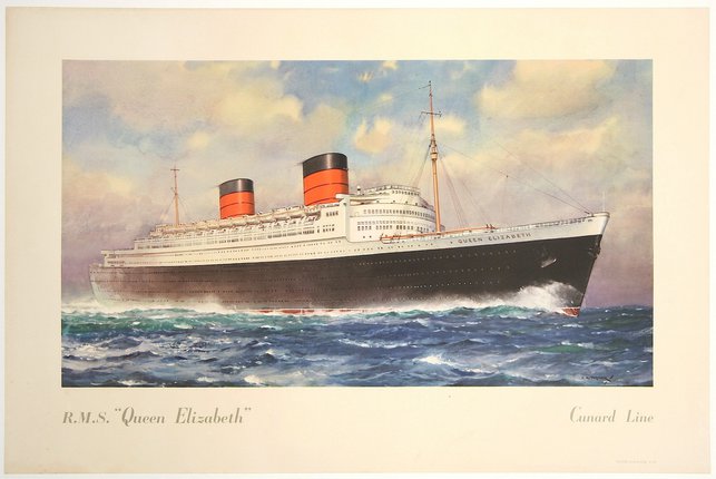 a large ship in the ocean with RMS Queen Mary in the background