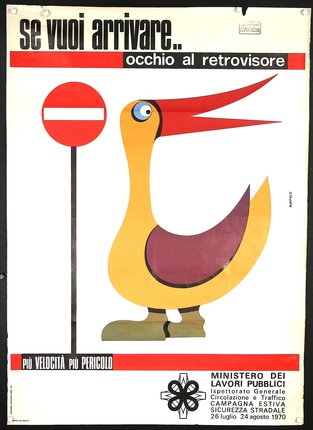 a poster with a bird and a sign