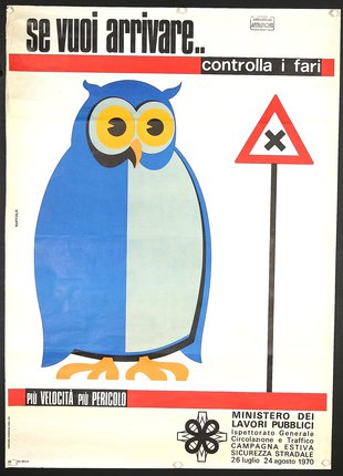 a blue and white owl with red text