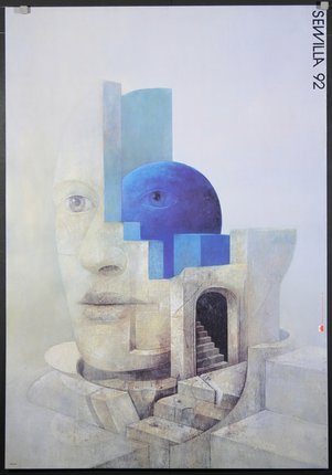 a poster of a face with a blue ball and a staircase