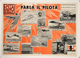 an orange and white poster with pictures of airplanes