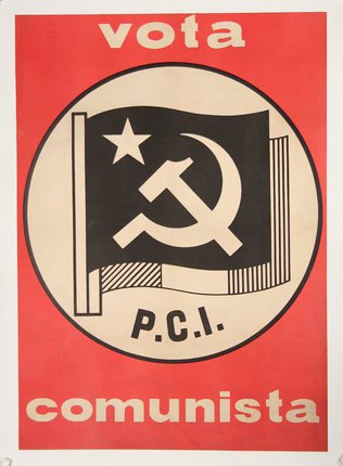 a red and white poster with a flag and a hammer and sickle