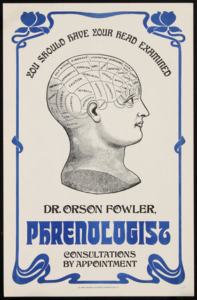 a poster with an old-timey image of a phrenologists head chart