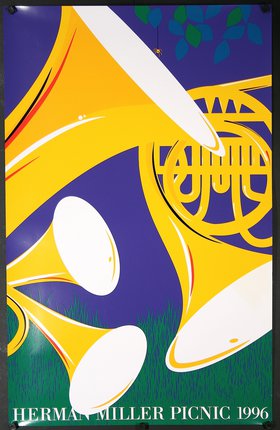 a poster with a yellow and blue background