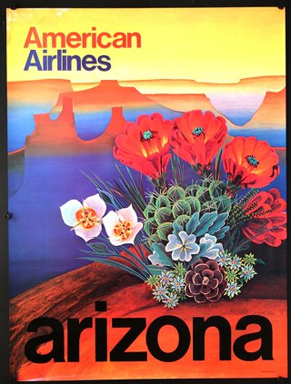 a poster with flowers and mountains