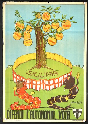 a poster of a tree with oranges and insects