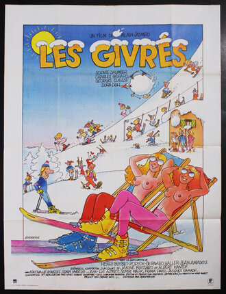 a poster of two topless women on a ski slope