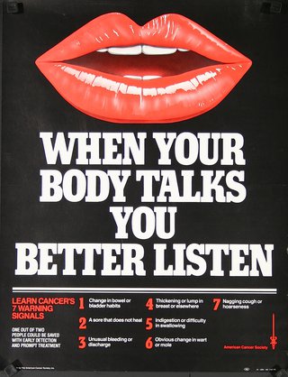 a poster with red lips and white text