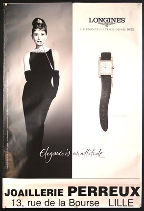 a poster of a woman in a black dress and a watch