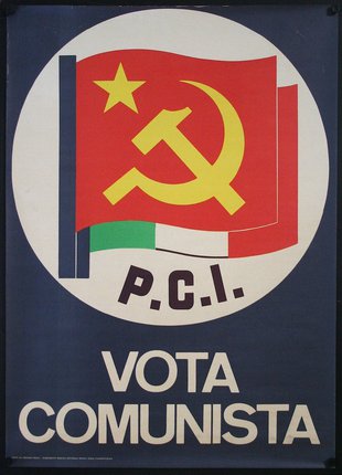 a poster with a flag and a hammer and sickle